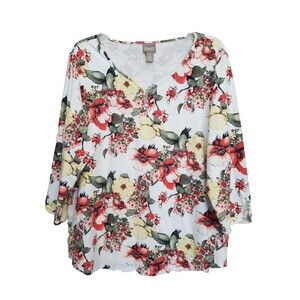 Chico's Cotton Blend Floral Button-Accent Sweetheart 3/4 Sleeve Top Size 2 (L)